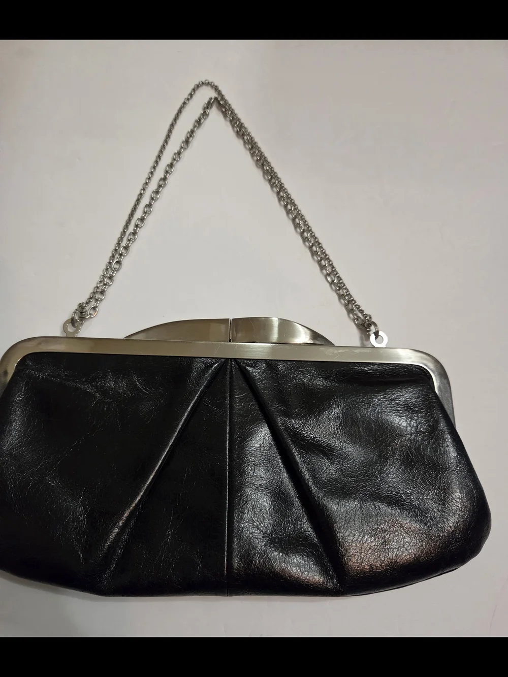 HOBO Black Leather Frame Clutch with Silver-Tone Chain